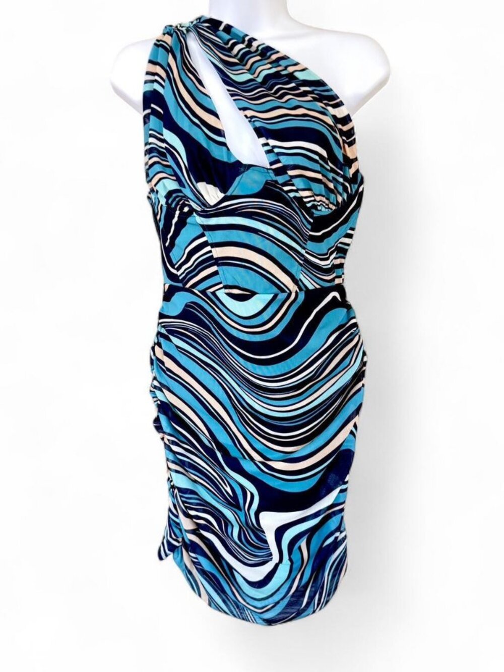 Forever 21 Blue Swirl Print One-Shoulder Midi Bodycon Dress M
